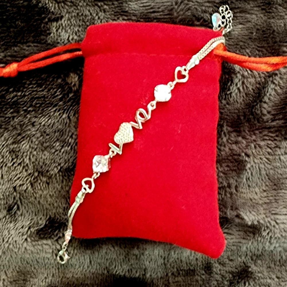 Sterling Silver I Love U Bracelet  With Cubic Zerconia